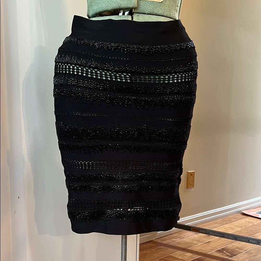 Herve Leger bandage embroidered Black Textured Pencil Skirt